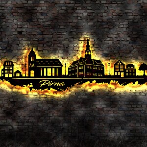 Skyline Pirna LED Wandbild Holz Stadt AK Karte Map Stadtplan Wandsticker Leuchtbild Neonreklame Wandtattoo Reiseführer Silhouette