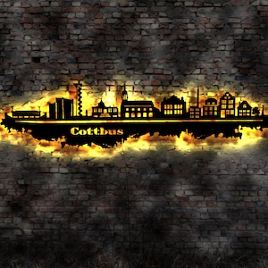 Skyline Cottbus  LED Wandbild Holz Stadt AK Karte Map Stadtplan Wandsticker Leuchtbild Neonreklame Wandtattoo Reiseführer Silhouette