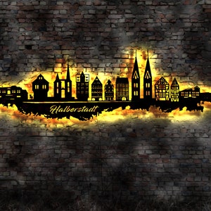 Skyline Halberstadt LED Wandbild Holz Stadt AK Karte Map Stadtplan Wandsticker Leuchtbild Neonreklame Wandtattoo Reiseführer Silhouette