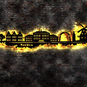 Skyline Stadt Norden  LED Wandbild Holz Stadt AK Karte Map Stadtplan Wandsticker Leuchtbild Neonreklame