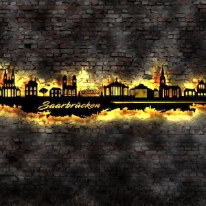 Skyline Saarbrücken LED Wandbild Holz Stadt AK Karte Map Stadtplan Wandsticker Leuchtbild Neonreklame Wandtattoo Reiseführer Silhouette