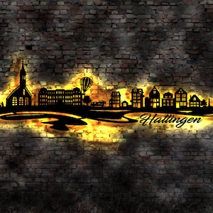 Skyline Hattingen LED Wandbild Holz Stadt AK Karte Map Stadtplan Wandsticker Leuchtbild Neonreklame Wandtattoo Reiseführer Silhouette
