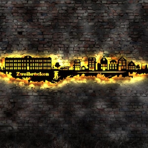Skyline Zweibrücken LED Wandbild Holz Stadt AK Karte Map Stadtplan Wandsticker Leuchtbild Wandtattoo Reiseführer Silhouette