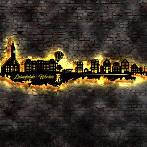 Skyline Leinfelde Worbis LED Wandbild Holz Stadt AK Karte Map Stadtplan Wandsticker Leuchtbild Neonreklame Wandtattoo Reiseführer Silhouette