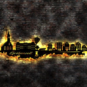 Skyline Gröbenzell LED Wandbild Holz Stadt AK Karte Map Stadtplan Wandsticker Leuchtbild Neonreklame Wandtattoo Reiseführer Silhouette