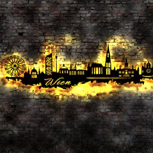 Skyline Wien Vienna Austria Wandbild Holz Stadt AK Karte Map Stadtplan Wandsticker Leuchtbild Neonreklame Wandtattoo Reiseführer Silhouette