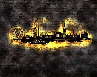 Skyline Vienna Vienna Austria Mural Wood City AK Map City Map Wall Sticker Illuminated Image Neon Advertising Wall Decal Travel Guide Silhouette
