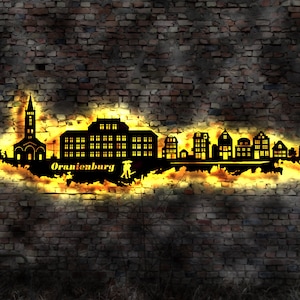 Skyline Oranienburg LED Wandbild Holz Stadt AK Karte Map Stadtplan Wandsticker Leuchtbild Neonreklame Wandtattoo Reiseführer Silhouette
