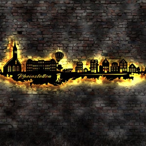 Skyline Rheinstetten LED Wandbild Holz Stadt AK Karte Map Stadtplan Wandsticker Leuchtbild Neonreklame Wandtattoo Reiseführer Silhouette