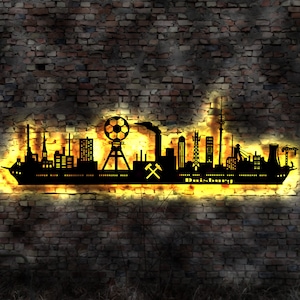 Skyline Duisburg LED Wandbild Holz Stadt AK Karte Map Stadtplan Wandsticker Leuchtbild Neonreklame Wandtattoo Reiseführer Silhouette