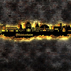 Skyline Hildesheim LED Wandbild Holz Stadt AK Karte Map Stadtplan Wandsticker Leuchtbild Neonreklame Wandtattoo Reiseführer Silhouette