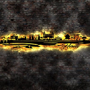 Skyline Haiti Urlaub  LED Wandbild Holz Stadt AK Karte Map Wandsticker Leuchtbild Neonreklame Wandtattoo Reiseführer Silhouette