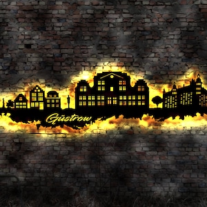 Skyline Güstrow MV  LED Wandbild Holz Stadt AK Karte Map Stadtplan Wandsticker Leuchtbild Neonreklame Wandtattoo Reiseführer Silhouette