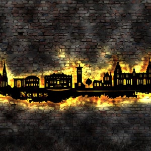 Skyline Neuss LED Wandbild   Holz Stadt AK Karte Map Stadtplan Wandsticker Leuchtbild Neonreklame Wandtattoo Reiseführer Silhouette