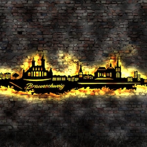 Skyline Braunschweig LED Wandbild Holz Stadt AK Karte Map Stadtplan Wandsticker Leuchtbild Neonreklame Wandtattoo Reiseführer Silhouette