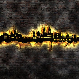 Skyline Prag Praha Praque  Wandbild Holz Stadt AK Karte Map Stadtplan Wandsticker Leuchtbild Neonreklame Wandtattoo Reiseführer Silhouette