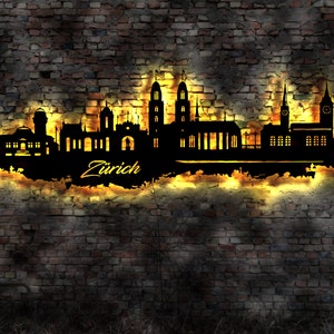 Skyline Zürich LED Wandbild Holz Stadt AK Karte Map Stadtplan Wandsticker Leuchtbild Neonreklame Wandtattoo Reiseführer Silhouette