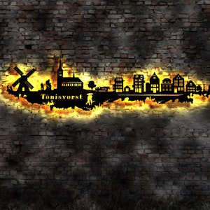Skyline Tönisvorst NRW  LED Wandbild Holz Stadt AK Karte Map Stadtplan Wandsticker Leuchtbild Neonreklame Wandtattoo Reiseführer Silhouette
