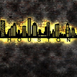 Skyline Houston Stadt LED Wandbild Holz Stadt AK Karte Map Stadtplan Wandsticker Leuchtbild Neonreklame Wandtattoo