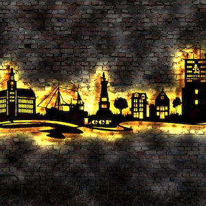 Skyline Stadt Leer  LED Wandbild Holz Stadt AK Karte Map Stadtplan Wandsticker Leuchtbild Neonreklame