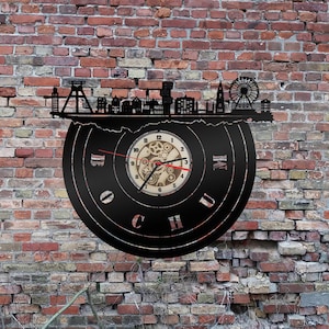 Uhr Wanduhr Bild Stadt Bochum Skyline Silhouette Kumpel Bergbau unter Tage