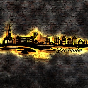 Skyline Detmold  LED Wandbild Holz Stadt AK Karte Map Stadtplan Wandsticker Leuchtbild Neonreklame Wandtattoo Reiseführer Silhouette