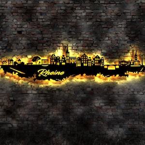 Skyline Rheine LED Wandbild Holz Stadt AK Karte Map Stadtplan Wandsticker Leuchtbild Neonreklame Wandtattoo Reiseführer Silhouette