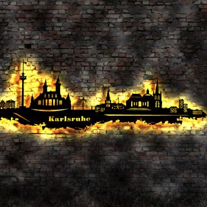 Skyline Karlsruhe LED Wandbild Holz Stadt AK Karte Map Stadtplan Wandsticker Leuchtbild Neonreklame Wandtattoo Reiseführer Silhouette