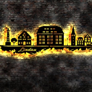 Skyline Lindau am Bodensee  LED Wandbild Holz Stadt AK Karte Map Stadtplan Wandsticker Leuchtbild Wandtattoo Reiseführer Silhouette