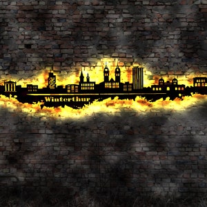 Skyline Winterthur LED Wandbild Holz Stadt AK Karte Map Stadtplan Wandsticker Leuchtbild Neonreklame Wandtattoo Reiseführer Silhouette
