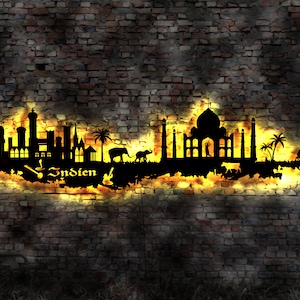Skyline India Land LED Muur Foto Hout Indian Delhi Kaart Stadsplattegrond Muursticker Verlichte afbeelding Neon Sign Muur Tattoo Reisgids Silhouet