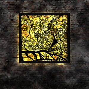 Hamburg HH Hansestadt  LED Wandbild Stadt  Karte Map Stadtplan Wandsticker Leuchtbild Neonreklame Wandtattoo Reiseführer Silhouette