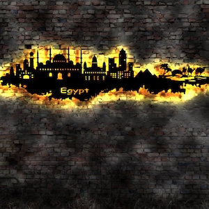 Skyline Ägypten Egypt LED Wandbild Holz Stadt AK Karte Map Stadtplan Wandsticker Leuchtbild Neonreklame Wandtattoo Reiseführer Silhouette