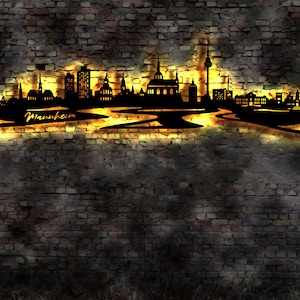 Skyline Mannheim LED Wandbild Holz Stadt AK Karte Map Stadtplan Wandsticker Leuchtbild Neonreklame Wandtattoo Reiseführer Silhouette
