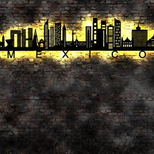 Skyline Mexico Stadt City LED Wandbild   Holz Stadt AK Karte Map Stadtplan Wandsticker Leuchtbild  Wandtattoo Reiseführer Silhouette