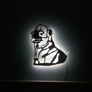 Può includere: Una silhouette di testa di cane in metallo nero, illuminata da dietro, creando un effetto ombra drammatico.