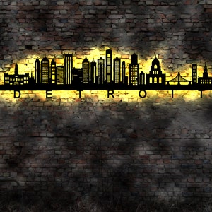 Skyline Detroit  USA  LED Wandbild   Holz Stadt AK Karte Map Stadtplan Wandsticker Leuchtbild Neonreklame Wandtattoo Reiseführer Silhouette