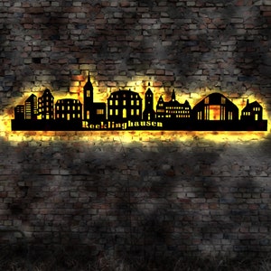 Skyline Recklinghausen LED Wandbild Holz Stadt AK Karte Map Stadtplan Wandsticker Leuchtbild Neonreklame Wandtattoo Reiseführer Silhouette