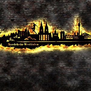 Skyline Bundesland Nordrhein-Westfalen  LED Wandbild Holz Stadt AK Karte Stadtplan Wandsticker Leuchtbild  Wandtattoo Reiseführer Silhouette
