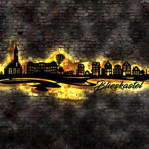 Skyline Blieskastel LED Wandbild Holz Stadt AK Karte Map Stadtplan Wandsticker Leuchtbild Neonreklame Wandtattoo Reiseführer Silhouette