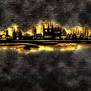 Skyline Lübeck   LED Wandbild Holz Stadt AK Karte Map Stadtplan Wandsticker Leuchtbild Neonreklame Wandtattoo Reiseführer Silhouette