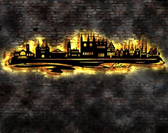 Skyline Lübeck LED wall picture wood city AK map map city map wall sticker illuminated image neon advertising wall tattoo travel guide silhouette