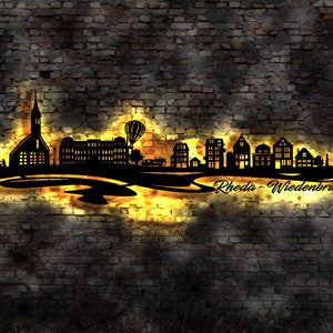 Skyline Rheda Wiedenbrück  Wandbild Holz Stadt AK Karte Map Stadtplan Wandsticker Leuchtbild Neonreklame Wandtattoo Reiseführer Silhouette