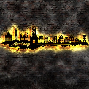 LED Skyline Landsberg  am Lech Wandbild Holz Stadt  Karte Map Stadtplan Wandsticker Leuchtbild Neonreklame Wandtattoo Reiseführer Silhouette