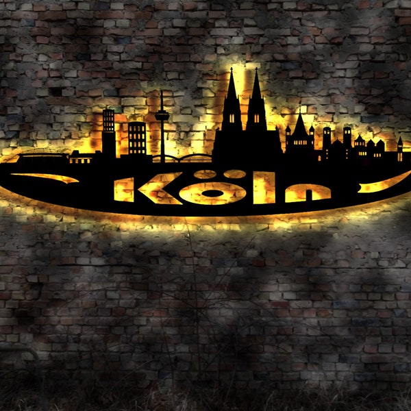 Skyline Köln Cologne LED Wandbild Holz Stadt AK Karte Map Stadtplan Wandsticker Leuchtbild Neonreklame Wandtattoo Reiseführer Silhouette