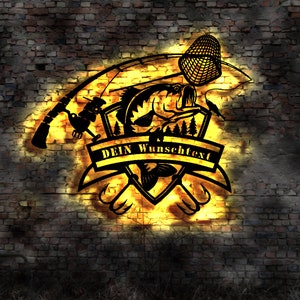 LED wall picture LED wall picture illuminated sign angler club advertising fishing route landing net fishing hook pike bait treble hook book lugworms fishing club