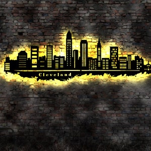 Skyline Cleveland USA  LED Wandbild Holz Stadt AK Karte Map Stadtplan WandstickerWandtattoo
