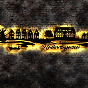 Skyline Neuharlingersiel  Wattenmeer  Holz Stadt AK Karte Map Wandsticker Leuchtbild Neonreklame Wandtattoo Reiseführer Silhouette