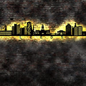 Skyline Leeds England UK  LED Wandbild Holz Stadt AK Karte Map Stadtplan Wandsticker Leuchtbild  Wandtattoo Reiseführer Silhouette