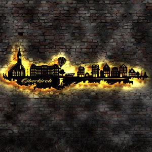 Skyline Oberkirch LED Wandbild   Holz Stadt AK Karte Map Stadtplan Wandsticker Leuchtbild Neonreklame Wandtattoo Reiseführer Silhouette